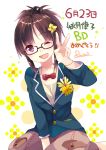  ;d akizuki_ritsuko blazer blush brown_hair flower glasses idolmaster open_mouth pun2 purple_eyes semi-rimless_glasses short_hair smile solo translated translation_request under-rim_glasses v violet_eyes wink 