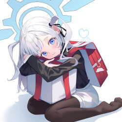  1girl absurdres alternate_costume alternate_hairstyle backpack bag black_pantyhose blue_archive blue_eyes blue_halo bsm_(tcsv2827) cherino_(blue_archive) closed_mouth commentary gift halo heart highres long_hair looking_at_viewer no_shoes pantyhose randoseru red_bag simple_background sitting skirt smile solo two_side_up wariza white_background white_hair white_skirt 