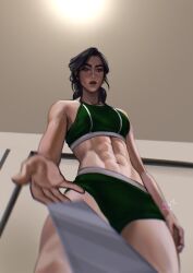  1girl abs avatar_legends beyaarca black_hair commentary green_eyes highres kuvira_(legend_of_korra) mole mole_under_eye muscular muscular_female navel solo tagme the_legend_of_korra 