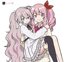  1girl 1other 25-ji_miku akiyama_mizuki aqua_eyes black_thighhighs carrying chest_harness clidzs collared_shirt cowboy_shot double-parted_bangs dress frilled_dress frills grey_hair hair_ribbon hair_tie harness hatsune_miku heterochromia long_bangs long_hair long_sleeves neck_ribbon official_alternate_costume other_with_female pink_eyes pink_hair pink_nails pink_ribbon pink_shirt pout princess_carry project_sekai red_ribbon ribbon shirt side_ponytail sidelocks simple_background single_thighhigh smile striped_ribbon sweater thigh-highs twintails twitter_username twitter_x_logo very_long_hair vocaloid white_background white_dress white_ribbon yellow_sweater 