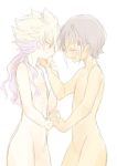  2boys closed_eyes eyes_closed hair_ornament hakuryuu_(inazuma_eleven) hand_holding holding_hands inazuma_eleven inazuma_eleven_(series) inazuma_eleven_go long_hair male multicolored_hair multiple_boys nude short_hair shuu_(inazuma_eleven) simple_background sketch standing tears tobi_(one) two-tone_hair white_background yaoi 