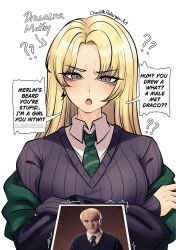  1girl artist_name black_robe blonde_hair breasts charlottegoons collared_shirt crossed_arms diagonal-striped_clothes diagonal-striped_necktie draco_malfoy draco_malfoy_(redteneri) english_text genderswap genderswap_(mtf) green_necktie grey_eyes harry_potter_(series) highres hogwarts_school_uniform long_hair looking_at_viewer necktie photo_inset pov robe school_uniform shirt slytherin speech_bubble striped_clothes striped_necktie sweater trembling two-sided_fabric two-sided_robe white_background wizarding_world 