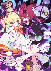  2girls :d absurdres animal_ear_fluff animal_ears arm_cutout black_choker black_jacket black_sailor_collar black_shoes black_skirt blonde_hair blue_hair bow choker clothing_cutout colored_inner_hair creature cross-shaped_pupils crossed_bandaids english_commentary footwear_bow gradient_clothes gradient_jacket green_eyes hair_between_eyes hair_intakes highres hood hood_down hoodie jacket long_sleeves looking_at_viewer loose_socks miyayoki multicolored_hair multiple_girls neck_ribbon neckerchief open_mouth orange_ribbon original pleated_skirt pokemon pokemon_(creature) polka_dot_neckerchief purple_neckerchief red_hair ribbon sailor_collar sakura_soyoru_(miyayoki) shoes skirt sleeves_past_fingers sleeves_past_wrists smile socks symbol-shaped_pupils twintails two_side_up white_bow white_hoodie white_shoes white_skirt white_socks yellow_eyes 