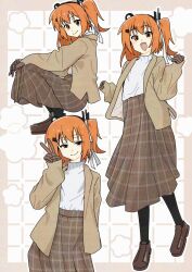 1girl :d a.i._voice adachi_rei android brown_gloves brown_jacket brown_shoes brown_skirt closed_mouth fingocco gloves half-closed_eyes jacket multiple_views open_mouth orange_eyes orange_hair patterned_clothing pleated_skirt shirt side_ponytail skirt smile solo utau v white_shirt