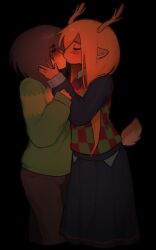  1girl 1other androgynous animal_ears antlers black_background blonde_hair brown_hair brown_pants checkered_clothes checkered_sweater_vest checkered_vest closed_eyes darkness deer_antlers deer_ears deer_girl deer_tail deltarune furry furry_female hand_on_another's_face highres horns kiss kris_(deltarune) long_hair long_sleeves mole noelle_holiday other_with_female pants pleated_skirt pwimimi red_light reindeer_girl short_hair simple_background skirt striped_clothes striped_sweater sweater sweater_vest tail two-tone_sweater_vest utdr_(toby_fox) vest 