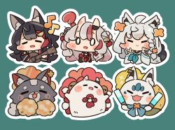  0_0 3girls :d ? acoustic_guitar ameya_(kappadoll) animal_ears black_hair blush_stickers chibi chibi_only closed_eyes closed_mouth commentary_request double-parted_bangs double_fox_shadow_puppet fox_ears fox_shadow_puppet glowstick green_background grey_hair guitar holding holding_glowstick holding_guitar holding_instrument holding_pom_poms hololive horns instrument long_hair multicolored_hair multiple_girls musical_note nakiri_ayame ookami_mio open_mouth outline pom_pom_(cheerleading) red_streaks shirakami_fubuki short_hair simple_background skin-covered_horns smile streaked_hair v-shaped_eyebrows virtual_youtuber white_outline 