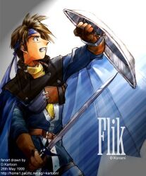  1boy arm_up artist_name belt blue_cape blue_headband blue_shirt brown_belt brown_gloves brown_hair cape character_name clenched_teeth copyright_notice cowboy_shot d._kartoon dated english_text flik_(suikoden) from_side gensou_suikoden gloves headband holding holding_shield holding_sword holding_weapon leather leather_belt leather_gloves light_rays long_sleeves looking_ahead looking_up male_focus profile serious shield shirt short_hair solo standing sword teeth third-party_source v-shaped_eyebrows weapon web_address 
