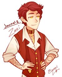  1boy animated animated_gif brown_hair closed_mouth collar elentori glowing glowing_eyes gravity_falls journal_(gravity_falls) male_focus mole mole_under_eye personification shirt short_hair smile solo tattoo vest 