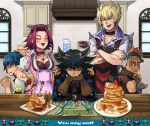  4boys annoyed apron blonde_hair blue_hair breasts bruno cleavage crossed_arms crow_hogan duel_monster earrings english fingerless_gloves flower food fork fruit fudou_yuusei gloves hands_on_hips izayoi_aki jack_atlas jacket jewelry kitchen knife mayday milk multicolored_hair multiple_boys necklace orange_hair red_hair red_rose redhead rose scared screwed short_hair spiked_hair spiky_hair strawberry sweatdrop tattoo yu-gi-oh! yuu-gi-ou yuu-gi-ou_5d&#039;s yuu-gi-ou_5d's 