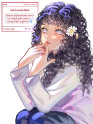  1girl alternate_hairstyle blush closed_mouth commentary curly_hair english_commentary eyelashes fan_request highres hyuuga_hinata long_hair long_sleeves looking_at_viewer naruto_(series) naruto_shippuuden no_pupils purple_hair request_inset solo violet_eyes white_background zimo_on 