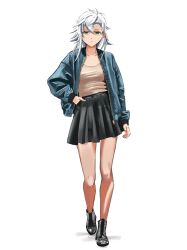  1girl absurdres black_skirt blue_jacket casual closed_mouth collarbone commentary double-parted_bangs eiyuu_densetsu english_commentary fie_claussell front_zipper full_body green_eyes hair_between_eyes hand_in_pocket highres jacket kuro_no_kiseki_(series) long_hair long_sleeves looking_at_viewer open_clothes open_jacket pleated_skirt r_thors shirt sidelocks simple_background skirt solo t-shirt unzipped walking white_background white_hair white_shirt zipper zipper_pull_tab 