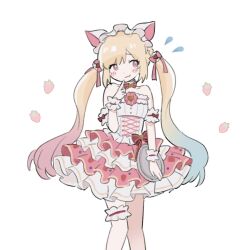  1girl animal_ears bang_dream! bang_dream!_yumemita blue_hair cat_ears commentary detached_sleeves dress fake_animal_ears frilled_thigh_strap highres holding holding_tray indoors long_hair m_(226mmy) nakamachi_arale nakamachi_arale_(virtual) pink_eyes pink_hair simple_background solo strapless strapless_dress sweets_paradise thigh_strap tray twintails white_background white_dress 