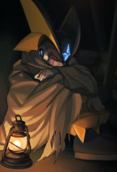 1boy bass.exe_(mega_man) black_helmet blue_gem brown_cloak cloak commentary_request forehead_jewel full_body gem helmet highres lantern male_focus mega_man_(series) mega_man_battle_network_(series) nagisa_uni netnavi sitting sleeping solo 