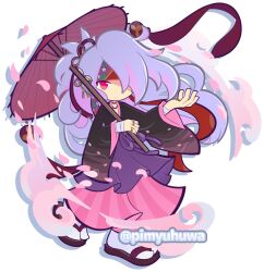  1boy alternate_costume black_kimono commentary_request falling_petals full_body hair_over_one_eye hakama hakama_pants headband holding holding_umbrella japanese_clothes jewelry kimono long_hair male_focus multiple_rings official_style oil-paper_umbrella one_eye_covered pants parted_lips petals pimyuhuwa pink_hakama pink_kimono pink_petals ponytail purple_hair purple_skirt puyopuyo puyopuyo_quest red_eyes red_headband red_umbrella ring sandals shigure_(puyopuyo) simple_background skirt socks solo standing tabi twitter_username umbrella very_long_hair walking white_background white_socks wide_sleeves wrist_wrap zouri 