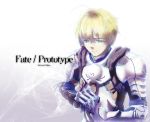  armor blonde_hair character_name dated engrish fate/prototype fate_(series) green_eyes limtint male ranguage saber_(fate/prototype) short_hair signature solo title_drop 