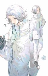  1boy ? absurdres animalization aotsuki_eito black_gloves black_shoes blue_eyes chromatic_aberration closed_mouth curtained_hair drawstring glasses gloves high_collar highres holding holding_removed_eyewear jacket long_sleeves male_focus multiple_views pants pocket rabbit shoes short_hair simple_background smile the_hundred_line_-last_defense_academy- tomatosalad unworn_eyewear white_background white_hair white_jacket white_pants 