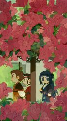  3boys architecture beard beard_stubble blue_eyes blue_hair brown_hair chibi chibi_only chinese_clothes east_asian_architecture facial_hair flower headband highres jade_(gemstone) lanxi_zhen looking_at_viewer male_focus multiple_boys red_flower stubble sword the_legend_of_luo_xiaohei topknot weapon wuxian_(the_legend_of_luo_xiaohei) yaopei zaoshu 