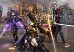  3girls absurdres after_battle archillathefox arrow_(projectile) black_boots black_cape black_gloves black_hair black_hat black_shorts black_thighhighs blade_horns blonde_hair blue_eyes boots breasts cape commission dress electricity english_commentary fire frilled_dress frills girls'_frontline_2:_exilium girls_frontline gloves glowing glowing_sword glowing_weapon gold_rose green_eyes hair_ornament hairband hairclip hat highres holding holding_arrow holding_sword holding_weapon horns knee_boots large_breasts lolita_hairband long_hair looking_at_viewer multiple_girls official_alternate_costume outdoors phaetusa_(caged_in_the_evernight_garden)_(girls'_frontline_2) phaetusa_(girls'_frontline_2) planted planted_sword ponytail purple_dress purple_hairband red_dress sextans_(girls'_frontline_2) short_shorts shorts side_cape single_horn sword thigh-highs thigh_boots thighhighs_under_boots torn_clothes torn_thighhighs tricorne ullrid_(girls'_frontline_2) weapon 
