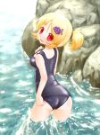  aki_minoriko arinu blonde_hair blush breasts food food_themed_clothes from_behind fruit grapes hair_ornament looking_at_viewer looking_back one-piece_swimsuit red_eyes school_swimsuit shiny shiny_clothes short_hair solo swimsuit touhou water 