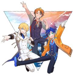  3boys :d ;d arm_up astel_leda astel_leda_(1st_costume) black_jacket black_pants black_shirt black_shoes black_streaks black_vest blonde_hair blonde_streaks blue_eyes blue_hair blue_necktie blue_sky blue_trim border buttons clenched_hand clouds collared_jacket collared_shirt colored_shoe_soles contrast_lapels curtained_hair diamond_button double-breasted full_body gloves gradient_sky green_eyes grey_shirt grin group_picture hair_between_eyes hand_up heterochromia highres holostars jacket jumping kishido_temma kishido_temma_(1st_costume) lapels long_sleeves looking_at_viewer male_focus mole mole_under_eye multicolored_hair multiple_boys neck_ribbon necktie nogi_(noooog) one_eye_closed orange_hair orange_jacket orange_ribbon orange_sky outside_border outstretched_arm outstretched_leg pants parted_bangs pocket_square purple_sky red_necktie ribbon shirt shoe_soles shoes shooting_star short_hair sky sleeve_cuffs sleeves_rolled_up smile streaked_hair suit suntempo tailcoat thigh_strap tie_clip triangle_border v-shaped_eyebrows vest violet_eyes virtual_youtuber w white_border white_gloves white_jacket white_pants white_shirt white_suit yukoku_roberu yukoku_roberu_(1st_costume) 