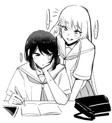  2girls blush cho_kaguya-hime! closed_mouth commentary greyscale highres hinagi_(fox_priest) holding holding_pen logo monochrome multiple_girls neckerchief pen runami_yachiyo sailor_collar sakayori_iroha school_uniform serafuku short_sleeves simple_background white_background 