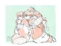  2boys 3girls baby barefoot border bow brother_and_sister carrying carrying_baby carrying_person child commentary dated family father_and_child father_and_daughter father_and_son green_background gyokuto_(inuyasha) hair_bow hisui_(inuyasha) hug hug_from_behind inuyasha ishibumip japanese_clothes kesa kimono kin'u_(inuyasha) miroku_(inuyasha) monk monochrome mother_and_child mother_and_daughter mother_and_son multiple_boys multiple_girls parent_and_child piggyback sango_(inuyasha) siblings simple_background sisters sketch smile twins white_border 