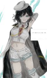  adapted_costume anchor_symbol arm_up black_coat black_hair breasts coat coat_on_shoulders cowboy_shot crop_top elbow_gloves fangs gloves green_eyes hat highres kneehighs large_breasts looking_at_viewer midriff mitsusame murasa_minamitsu navel necktie odaibako red_necktie shirt short_shorts short_sleeves shorts sideways_hat simple_background sketch socks solo touhou white_background white_gloves white_hat white_shirt white_shorts white_socks 