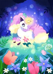  animal_focus blue_flower closed_mouth flower forest full_body galarian_ponyta game_asset glowing glowing_horns grass horns leaf nature no_humans official_art orca_(pokemon) outdoors pink_flower pokemon pokemon_(creature) pokemon_focus pokemon_tcg pokemon_tcg_pocket single_horn smile solo sparkle third-party_source tree unicorn white_flower 
