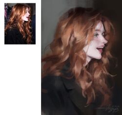  1girl black_coat coat curly_hair highres jiyub laughing long_hair looking_to_the_side open_mouth original photo_inset realistic red_hair signature solo teeth upper_body wavy_hair 