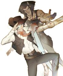  2boys absurdres austin_o'brien bandage_over_one_eye bandana bandana_around_neck belt black_hair card cowboy_hat dark-skinned_male dark_skin duel_disk feet_out_of_frame fingerless_gloves gloves green_eyes hat highres holding holding_card jim_crocodile_cook long_sleeves male_focus medium_hair mnshan3976391 multiple_boys pants salute short_hair sleeveless sleeveless_jacket two-finger_salute vest yellow_eyes yu-gi-oh! yu-gi-oh!_gx 