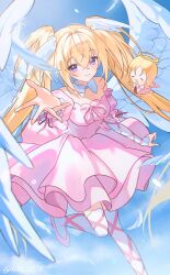  1girl 2girls :d absurdres bare_shoulders blonde_hair blue_sky breasts closed_eyes closed_mouth clouds commentary_request day detached_sleeves dress el_(shugo_chara!) feathered_wings guardian_chara hair_between_eyes halo highres hoshina_utau long_hair medium_breasts multiple_girls pink_dress pink_shoes pink_sleeves puffy_short_sleeves puffy_sleeves ribbon-trimmed_dress ribbon-trimmed_sleeves ribbon_trim rin_(ryne_0303) seraphic_charm shoes short_sleeves shugo_chara! sky smile strapless strapless_dress thigh-highs twintails twitter_username very_long_hair violet_eyes white_thighhighs white_wings wings 