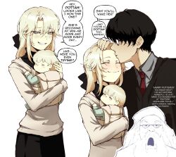  2boys 2girls absurdres aged_up albus_dumbledore blonde_hair blush carrying child child_carry couple draco_malfoy draco_malfoy_(redteneri) english_text family father_and_child father_and_daughter genderswap genderswap_(mtf) green_eyes grin hair_between_eyes harry_potter harry_potter_(series) hetero highres husband_and_wife kekel kiss kissing_forehead mother_and_child mother_and_daughter multiple_boys multiple_girls multiple_views parent_and_child simple_background smile white_background wizarding_world 