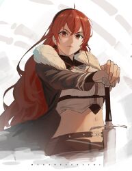  1girl absurdres ahoge artist_name black_hairband black_jacket closed_mouth collared_shirt commentary cropped_shirt eris_greyrat eris_greyrat_(adult) fur-trimmed_jacket fur_trim hairband highres jacket long_hair long_sleeves looking_at_viewer meganesanechi mushoku_tensei navel planted planted_sword red_eyes red_hair shirt sword upper_body weapon white_shirt 