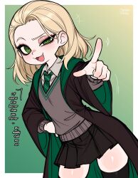  1girl absurdres black_skirt black_thighhighs blonde_hair collared_shirt commentary cross_tie draco_malfoy draco_malfoy_(redteneri) english_commentary fang forehead genderswap genderswap_(mtf) green_cross_tie green_eyes harry_potter_(series) highres hogwarts_school_uniform maddiedobles mesugaki open_mouth pointing ringed_eyes school_uniform shiny_skin shirt skirt thigh-highs thighs white_shirt wizarding_world zettai_ryouiki 