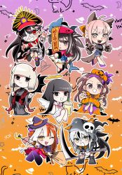  6+girls ahoge animal_ears animal_hands bandage_over_one_eye bandages black_hair brown_hair chacha_(fate) chibi cup demon_horns demon_wings disposable_cup fate/grand_order fate_(series) gloves gradient_background grey_hair grey_kimono halloween_costume halo happy_halloween hat highres holding holding_scythe horns izumo_no_okuni_(fate) japanese_clothes jiangshi_costume kawakami_gensai_(fate) kimono komahime_(fate) kuriimu0203 long_hair multicolored_hair multiple_girls nagao_kagetora_(fate) oda_nobunaga_(fate) okita_souji_(fate) one_eye_closed orange_hair outstretched_arms paw_gloves pink_hair ponytail pumpkin_costume scythe sen_no_rikyu_(fate) split-color_hair tail traditional_halo wings witch_hat wolf_ears wolf_tail zombie_pose 