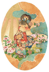  1girl blush check_commentary child commentary_request fine_art_parody floral_print flower hagatake_kili hair_flower hair_ornament nihonga original painting_(medium) parody stuffed_animal stuffed_toy sumi-e sunburst sunburst_background tabi teddy_bear traditional_media ukiyo-e updo watercolor_(medium) wavy_mouth 