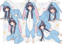  1girl all_fours barefoot blue_archive commentary_request four-pointed_star full_body grey_halo halo highres looking_at_viewer low_twintails miyu_(blue_archive) multiple_views onesie rabbit rabbit_tail red_eyes ryuuforkaf sitting standing tail twintails v wariza 