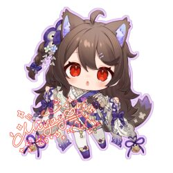  1girl :o ahoge animal_ear_fluff animal_ears artist_name blush bow braid brown_hair cat_ears cat_girl cat_tail chibi chibi_only chinese_commentary commentary_request dress flower hair_flower hair_ornament hairclip japanese_clothes long_hair long_sleeves looking_at_viewer miyayoki okobo one_side_up open_mouth original platform_sandals purple_bow purple_dress red_eyes sandals signature single_braid sleeves_past_wrists tabi tail thigh-highs two-tone_dress watermark white_background white_dress white_thighhighs wide_sleeves 