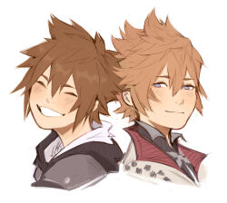  2boys back-to-back blackpaopu blue_eyes checkered_clothes closed_eyes commentary cropped_torso english_commentary grin happy high_collar hood hood_down kingdom_hearts kingdom_hearts_ii light_smile male_focus multiple_boys roxas sketch smile sora_(kingdom_hearts) tumblr_username upper_body white_background 