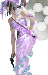  1girl absurdres black_hair blunt_bangs commentary dress e.g.o_(project_moon) expressionless faint_aroma_(e.g.o) feet gun hat highres holding holding_gun holding_weapon kurukuru259 leaning_forward limbus_company medium_hair project_moon purple_dress purple_hat red_eyes revolver round_eyewear ryoshu_(project_moon) smoking solo sword sword_on_back weapon weapon_on_back white_background 