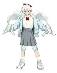  1girl angel_wings ankle_socks bow bowtie chiyo_(love-bullet) closed_mouth collared_shirt full_body fur_trim grey_skirt gun hair_bow heart holding holding_gun holding_weapon ineesan jacket knee_pads long_hair looking_at_viewer love-bullet official_art open_clothes open_jacket pale_skin pleated_skirt ponytail red_bow red_eyes shirt skirt smile socks weapon white_background white_hair white_socks white_wings wings 