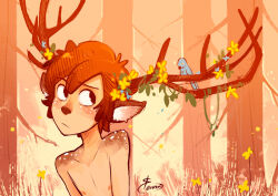 1boy animal animal_ears antlers blush body_freckles brown_hair deer_antlers deer_boy deer_ears deerper_pines dipper_pines elentori flower freckles gravity_falls hair_flower hair_ornament highres horns monster_falls_(gravity_falls) nipples outdoors short_hair shoulder_freckles solo topless_male tree white_freckles 