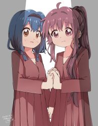  2girls ahoge artist_name az!_(azu) black_hairband blue_hair brown_eyes closed_mouth collarbone commentary_request dated dress furutani_himawari hair_intakes hairband highres holding_hands interlocked_fingers long_hair long_sleeves looking_at_viewer medium_hair multiple_girls nervous_sweating open_mouth pleated_dress ponytail purple_hair red_dress sugiura_ayano sweat upper_body violet_eyes white_background yuruyuri 
