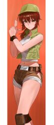  1girl absurdres belt breasts brown_eyes brown_hair brown_shorts commentary crop_top field_cap fio_germi glasses green_hat green_vest hat highres metal_slug midriff navel open_clothes open_vest ponytail ravennvi round_eyewear shorts solo tank_top vest white_tank_top 