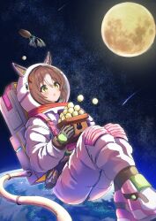  1girl absurdres animal_ears astronaut black_gloves blush brown_hair clover_hair_ornament fine_motion_(umamusume) food gloves green_eyes hair_between_eyes hair_ornament helmet highres horse_ears horse_girl ikaashi_you mochi moon multicolored_hair open_mouth shooting_star solo space space_helmet spacesuit star_(sky) umamusume 