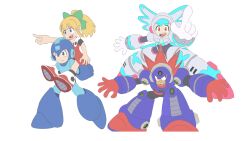  1boy 1girl :d android aqua_trim arm_up armor armored_boots armored_legwear black_bodysuit black_gloves blonde_hair blue_armor blue_bodysuit blue_boots blue_eyes blue_gem blue_gloves blue_hair blue_helmet blush bodysuit boots bored breastplate breasts carrying carrying_person chest_jewel closed_mouth double-parted_bangs eyelashes full_body gauntlets gem gloves gorget greaves green_eyes hair_between_eyes happy headphones helmet highres joints knee_boots knee_guards knee_pads leg_lift long_hair mechanical_boots mega_man:_dual_override mega_man_(character) mega_man_(classic) mega_man_(series) multicolored_armor multicolored_boots piggyback pink_armor pink_boots pointing ponytail raised_eyebrows red_eyes robot_ears robot_girl robot_joints roll_(mega_man) shoulder_armor sidelocks simple_background small_breasts smile solo standing teeth thick_thighs thigh_boots thighs three-tone_boots twinkle_girl two-tone_boots two-tone_helmet upper_teeth_only white_armor white_boots white_gloves white_helmet wide_hips 
