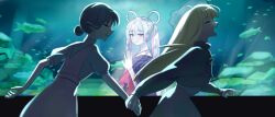  3girls :d absurdres against_glass aquarium blonde_hair blue_kimono cho_kaguya-hime! commentary dating dress english_commentary fish grey_hair hair_bun hair_rings hand_on_glass highres holding_hands japanese_clothes kaguya_(cho_kaguya-hime!) kimono long_hair long_sleeves multiple_girls open_mouth profile purple_hair runami_yachiyo runami_yachiyo_(tsukuyomi) running sakayori_iroha short_sleeves single_hair_bun smile straight_hair twintails violet_eyes white_dress yuri zysora 