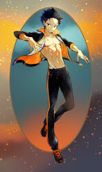  1boy abs black_hair black_pants closed_mouth collarbone commentary_request full_body highres jacket male_focus natsuki_subaru navel open_clothes open_jacket pants pectorals re:zero_kara_hajimeru_isekai_seikatsu shoes short_hair solo toned toned_male track_suit yon_(yonana) 
