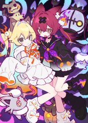  2girls :d absurdres animal_ear_fluff animal_ears arm_cutout black_choker black_jacket black_sailor_collar black_shoes black_skirt black_socks blonde_hair blue_hair bow choker clothing_cutout colored_inner_hair creature cross-shaped_pupils crossed_bandaids english_commentary footwear_bow gradient_clothes gradient_jacket green_eyes hair_between_eyes hair_intakes highres hood hood_down hoodie jacket long_sleeves looking_at_viewer loose_socks miyayoki multicolored_hair multiple_girls neck_ribbon neckerchief open_mouth orange_ribbon original pleated_skirt pokemon pokemon_(creature) polka_dot_neckerchief purple_neckerchief red_hair ribbon sailor_collar sakura_soyoru_(miyayoki) shoes skirt sleeves_past_fingers sleeves_past_wrists smile socks symbol-shaped_pupils twintails two_side_up white_bow white_hoodie white_shoes white_skirt yellow_eyes 