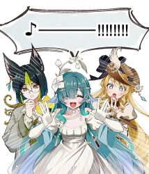  +_+ 1boy 2girls :d :o ^_^ animal_ear_fluff animal_ears bare_shoulders black_bow black_hair blonde_hair blue_eyes blue_gem blue_nails blunt_ends blush bob_cut bow brown_eyes brown_hat closed_eyes coat collared_shirt commentary_request detached_sleeves dress drill_hair drill_sidelocks earrings elbow_gloves emphasis_lines eyelashes eyes_visible_through_hair fingernails fins flower fox_boy fox_ears gem genshin_impact gloves gradient_hair green_eyes green_hair green_streaks grey_coat hair_between_eyes hair_flower hair_ornament hair_over_one_eye hand_on_own_chin hand_up hands_up hat hat_bow hat_feather hat_flower head_fins highres jewelry long_hair long_sleeves monocle multicolored_eyes multicolored_hair multiple_girls musical_note nail_polish navia_(genshin_impact) navia_(marechaussee_hunter)_(genshin_impact) necklace nonnon57069313 official_alternate_costume open_clothes open_coat open_mouth parted_bangs pearl_necklace puffy_detached_sleeves puffy_short_sleeves puffy_sleeves rose shirt short_hair short_sleeves sidelocks signing simple_background single_earring smile speech_bubble strapless strapless_dress streaked_hair sweatdrop teeth tighnari_(genshin_impact) tighnari_(rebel)_(genshin_impact) upper_teeth_only very_long_hair vodyanitsa_(bard)_(genshin_impact) vodyanitsa_(genshin_impact) white_background white_dress white_flower white_gloves white_shirt white_sleeves wide-eyed yellow_flower yellow_rose 